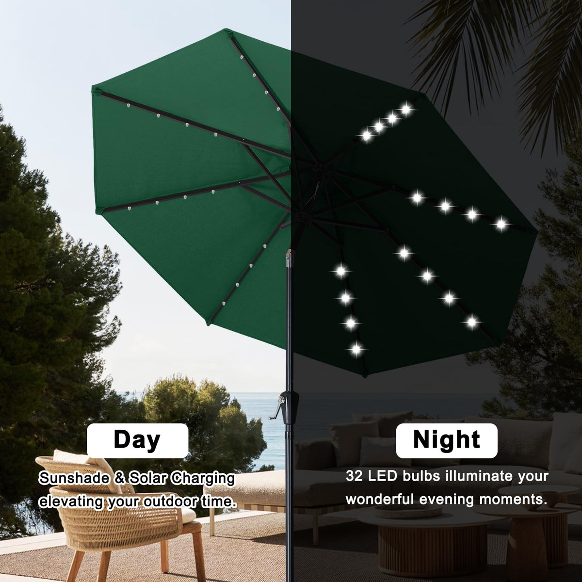 Solar Led Patio Umbrella with 32 Lights 11FT (LED Umbrella / 11ft / Deep Green)