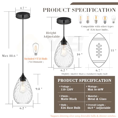Black Glass Pendant Lights Kitchen Island 6.3" Pendant Light Fixtures Hammered Clear Glass Height Adjustable Modern Hanging Pendant Lights for Dining Room Bedroom Hallway Sink Bulb Incl (Black, 1 PK / 6.3 Inch)
