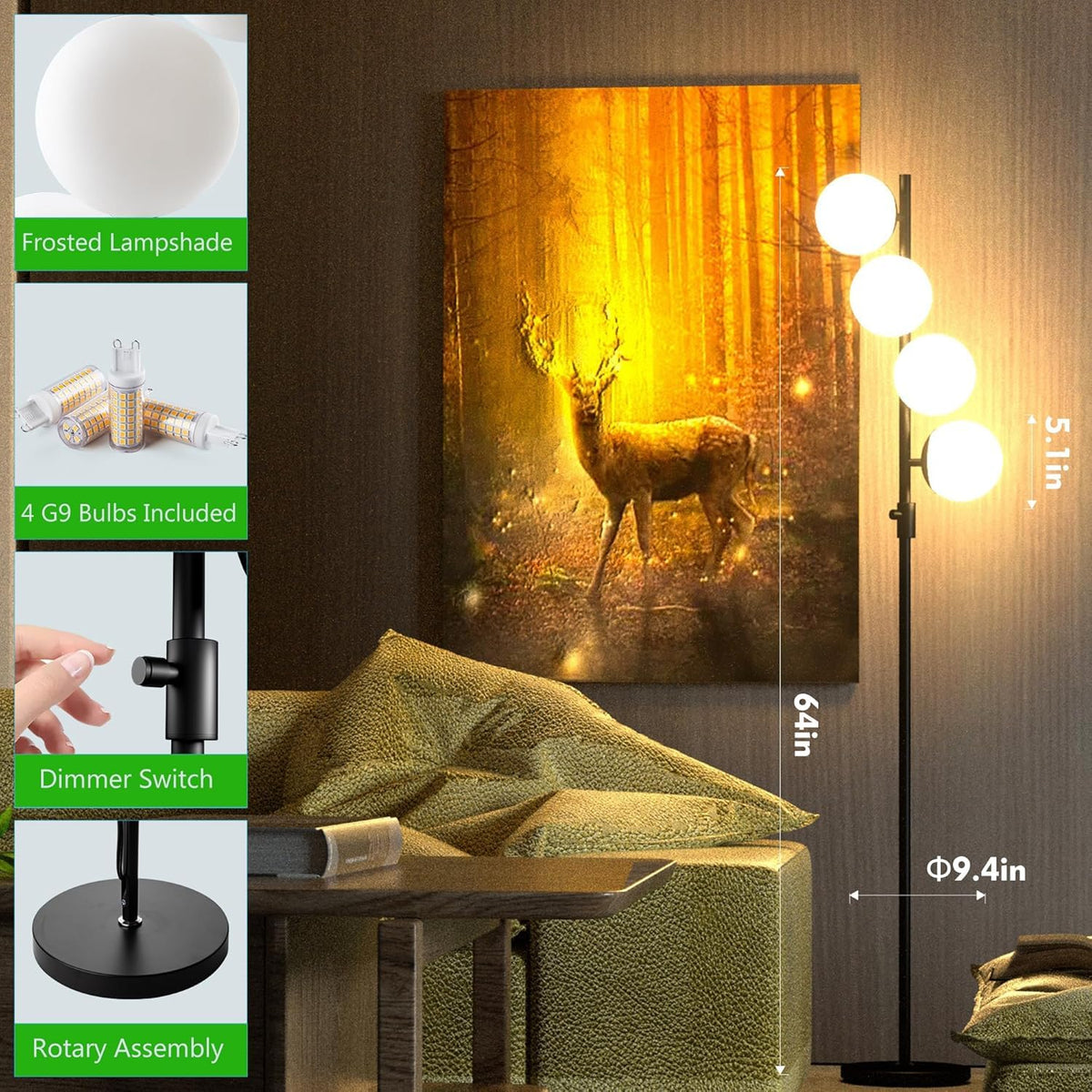 Black Globe Floor Lamp Dimmable 64IN Tall Standing Lamps with Soft Warm White Eye Care 3000K G9 Bulbs (Black-4)