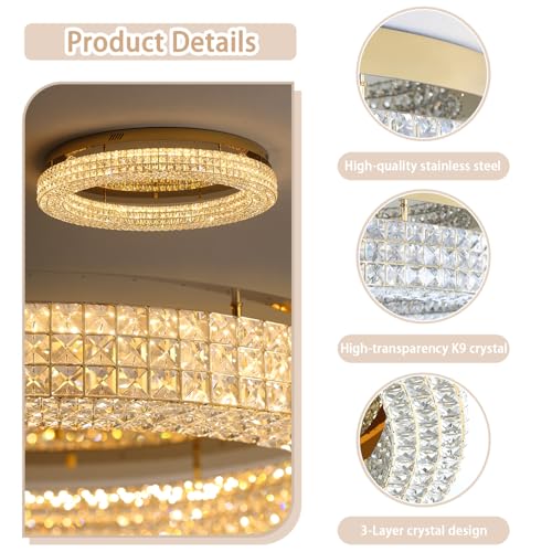40'' Crystal Chandelier for Living Room Large Chandeliers for Living Room Crystal Flat Mounted Ceiling Lights Dining Room Bedroom Dimmable 2700 (Gold / Dia 40inch)