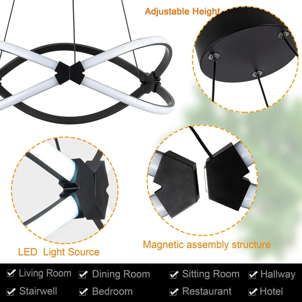 18.5 Inches Black Dimmable Modern Led Chandelier with Remote Control (Black-1 / 18.5 inches)