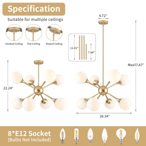 28.3" Glass Globe Chandelier 8 (Gold-8)