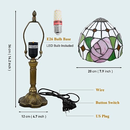 Pink Rose Style Tiffany Table Lamp Handmade Stained Glass Bedside Table Lamp Desk Reading Light 8" Wide 14" Tall for Small Space Bedroom Home Office with LED Bulb (Pink Rose)