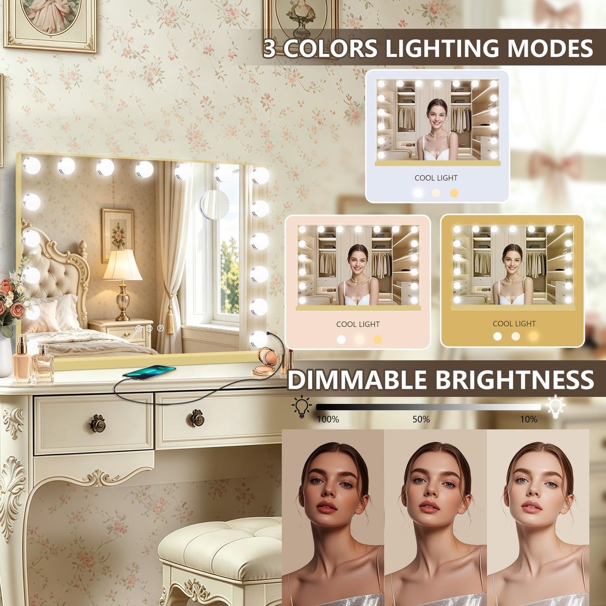Gold Hollywood Vanity Mirror with Lights (Gold / 26"L x 20"W)