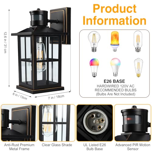 2 Pack Outdoor Motion Sensor Porch Light (Matte Black)