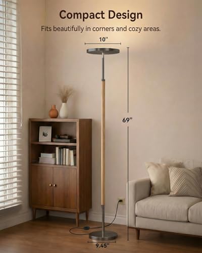 Wood LED Torchiere Floor Lamp with Remote (Natural Wood & Brushed Black Nickel)