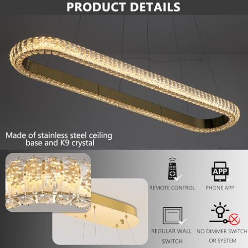47'' Oval Ring Crystal Chandelier Modern LED Dimmable Ring Pendant Light Chandelier for Dining Room Living Room Gold (Gold / 1 Ring Oval 47")