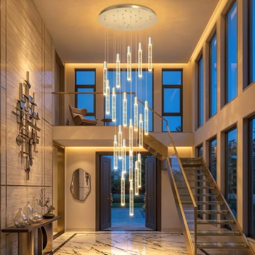 W24 x H157 Glam Chandelier Bubble Crystal Ceiling Chandeliers Remote Dimmable LED Light High Ceiling Pendants Light Fixtures Adjustable Long Lights 24 (20 lights / Silver)