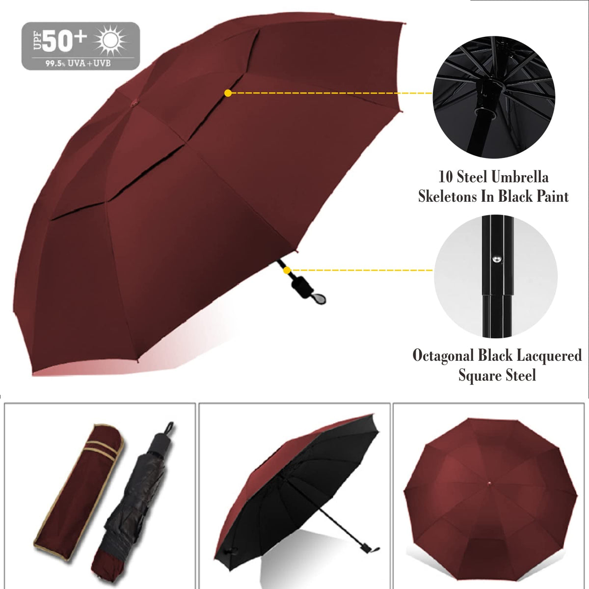UPF 50+ Golf Umbrella with Adjustable Universal Clamp Portable Umbrellas for Rain (Wine / 49.2")