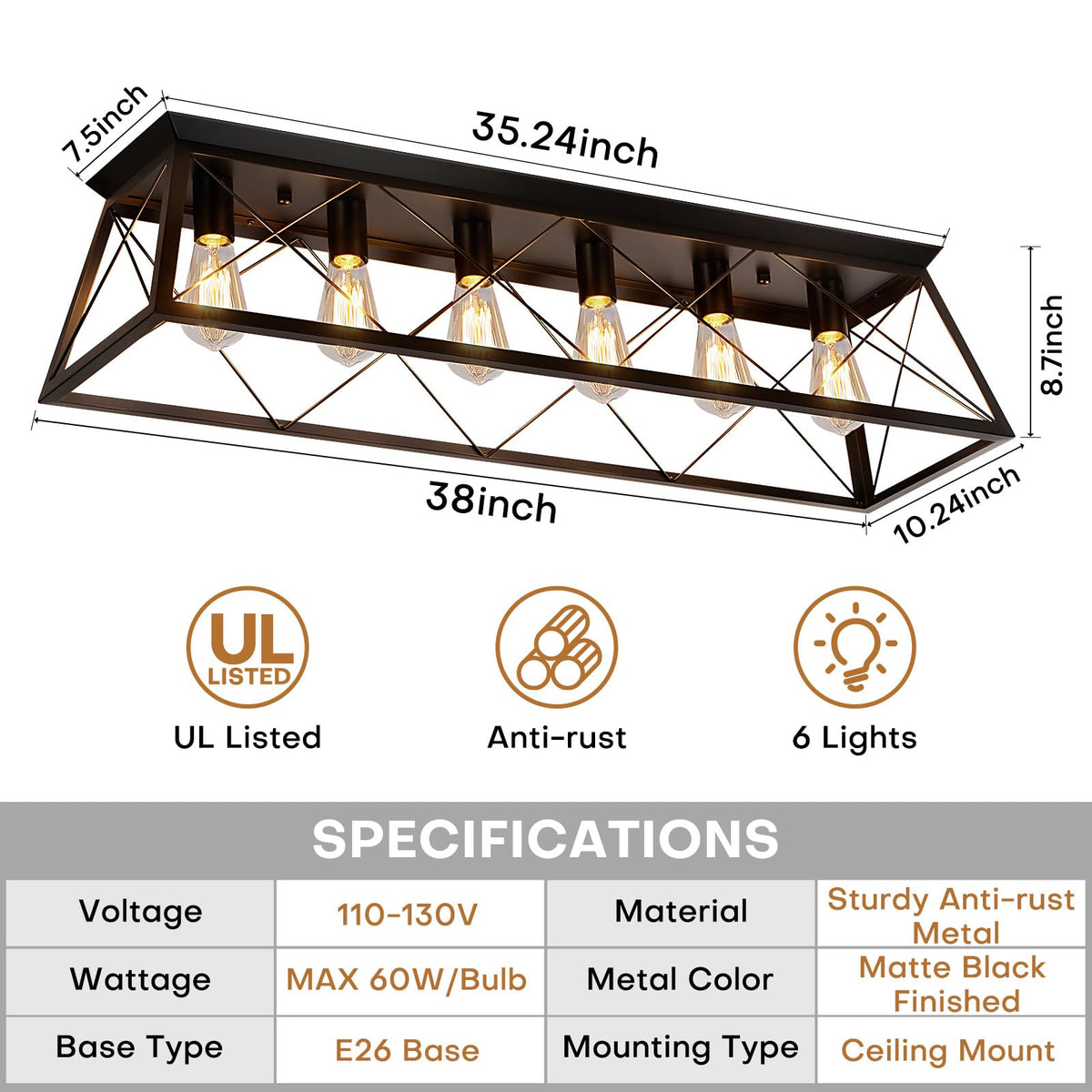 38" Large Flush Mount Ceiling Light for Kitchen Hallway Fixtures (38" Black Ceiling Light)