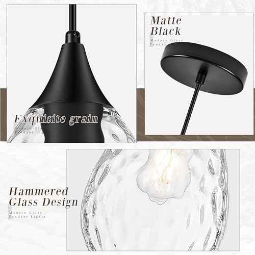Black Glass Pendant Lights Kitchen Island 8" Pendant Light Hammered Clear Glass 3 Pack Height Adjustable Modern Hanging Pendant Lights for Dining Room Bedroom Hallway Sink Bulbs Incl (Black, 3 PK / 8 Inch)