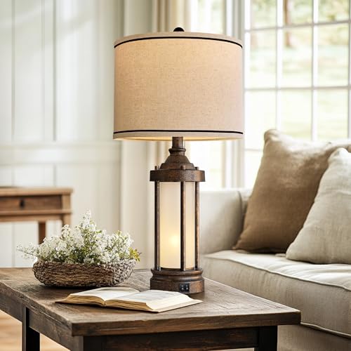 25'' Table Lamp for Living Room Bedroom Farmhouse Metal Lamps with 2 USB Ports (Bronze)