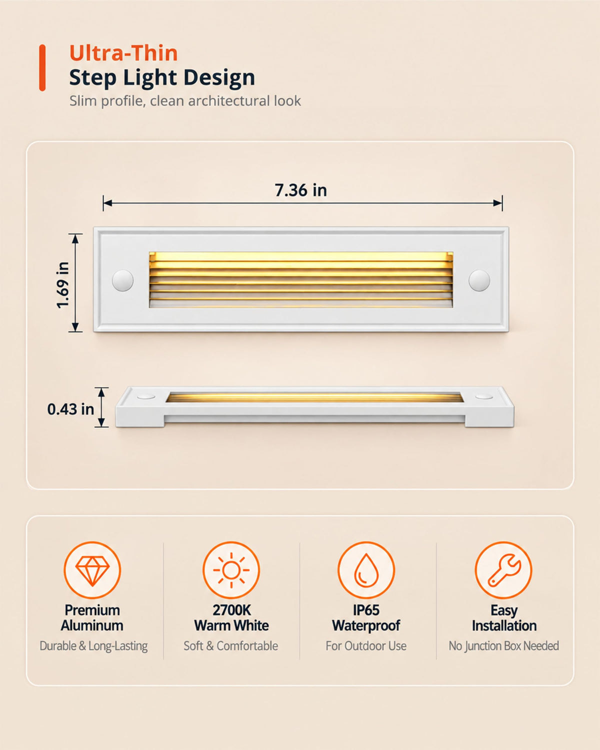 12 Pack 7.4 Inch Low Voltage Outdoor Stair Lights (White / 7.4inch | 2700K)
