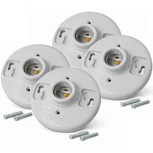4 Pack) Porcelain Outlet Box Mount, Keyless Lamp Holder, E26 Medium Base Light Socket, Light Bulb Socket Replacement, 660W, White Ceramic Light Base for LED & Incandescent Bulbs, Lamp Socket (Porcelain Keyless)