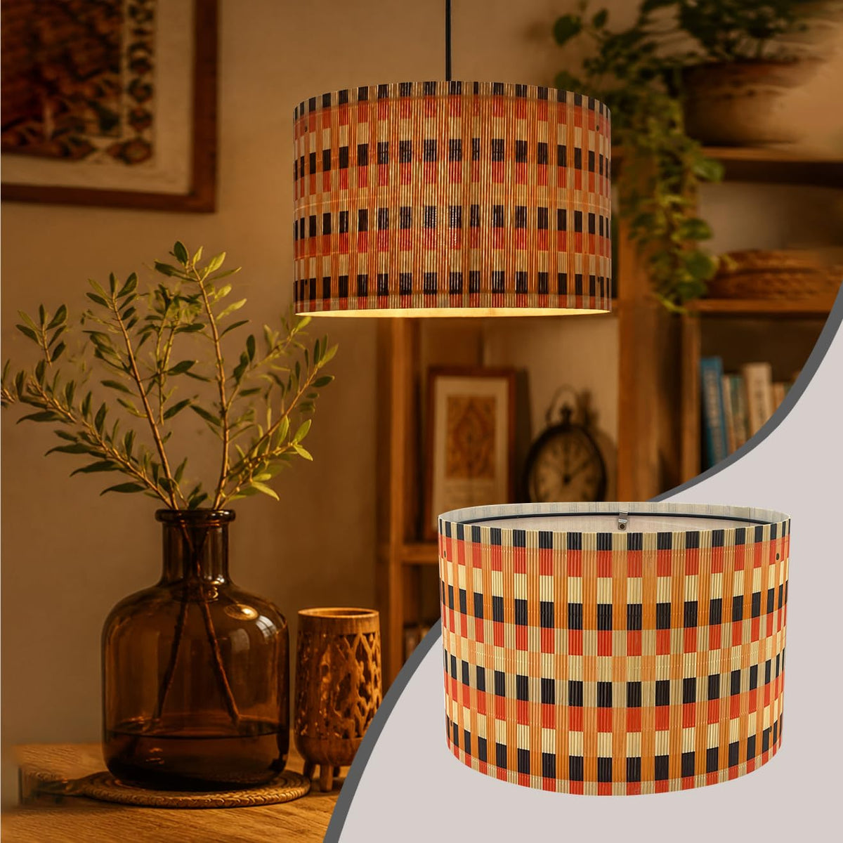 Rustic Pendant lamp shade Art decorative Colorful Grid 13.8x9Inch (colorful & grid mix)