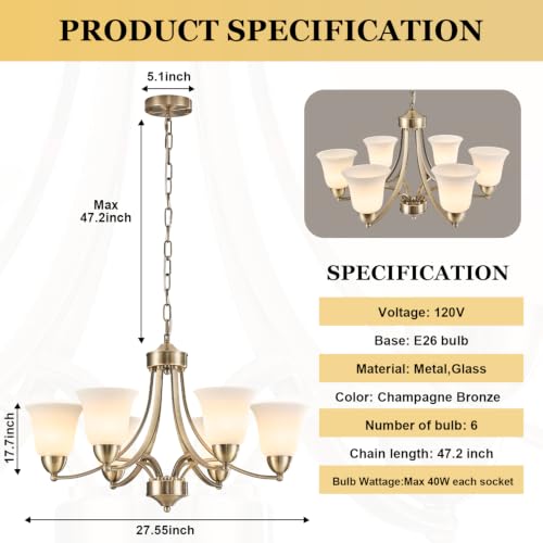 6 Lights Brushed Bronze Dining Room Light Fixture Farmhouse Modern Chandelier Pendant Light Champagne Bronze Adjustable Ceiling Hanging Lighting with Frosted Glass for Kitchen Island Living Room Foyer (Brushed Bronze Chandelier-A)