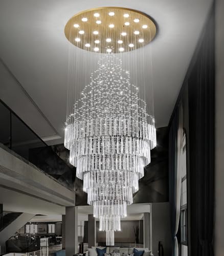 W47 x H120 Crystal LED Chandelier with Light Bulbs Luxury Raindrop High Ceiling Chandeliers for Entryway Villa Staircase Foyer Living Room Lighting Fixtures Gold (Gold / Round W47" X H118")