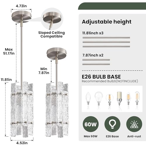 Modern Crystal Pendant Light for Kitchen Island (Brushed Nickel / 3-Pack(Square))