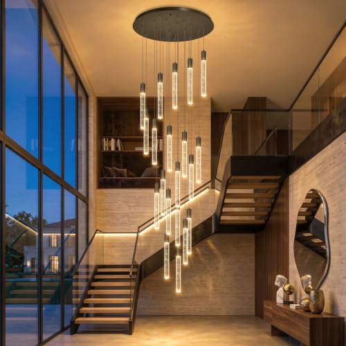 13 Foot High Ceiling Chandelier for Entryway Modern Crystal Lights for Living Room Foyer Flush Mount Sloping Ceiling Pendant Light Fixture Remote Dimmable 20 (20 lights / Black)