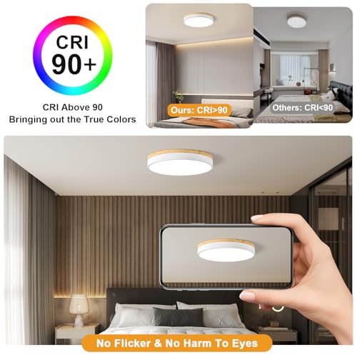 Dimmable LED Wood White Round Flush Mount Ceiling Light 15.74 Inch (White- Dimmable / 15.74 Inch)