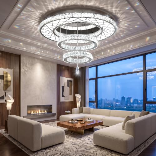 32"W Modern Chandeliers Living Room Light Crystal Flat Mounted Ceiling Lights Dining Room Light Bedroom Ceiling Drop Lighting Fixture Remote Dimmable Lights Bright Light with Dimming Night Light LED (32 inch / Silver)