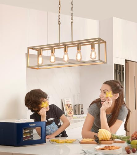 Gold Rectangle Kitchen Island Lights Rectangular Modern Industrial Chandelier for Dining Room 5 Lights Linear Vintage Cage Light Fixtures UL Listed (Gold)