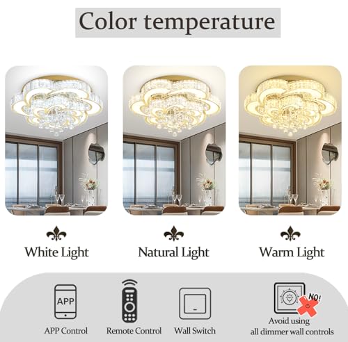 Dia 24'' Gold Modern Crystal Chandeliers Modern LED Dimmable Chandelier with Remote Crystal Ceiling Light Pendant Light Fixture for Living Room Bedroom Entryway (Gold / Dia 24")