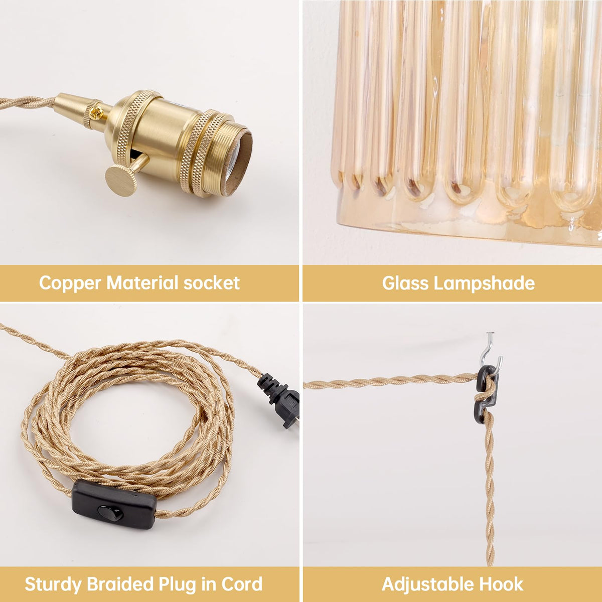 Plug in Pendant Light Hanging Light Fixtures with Plugin Cord On (Amber)