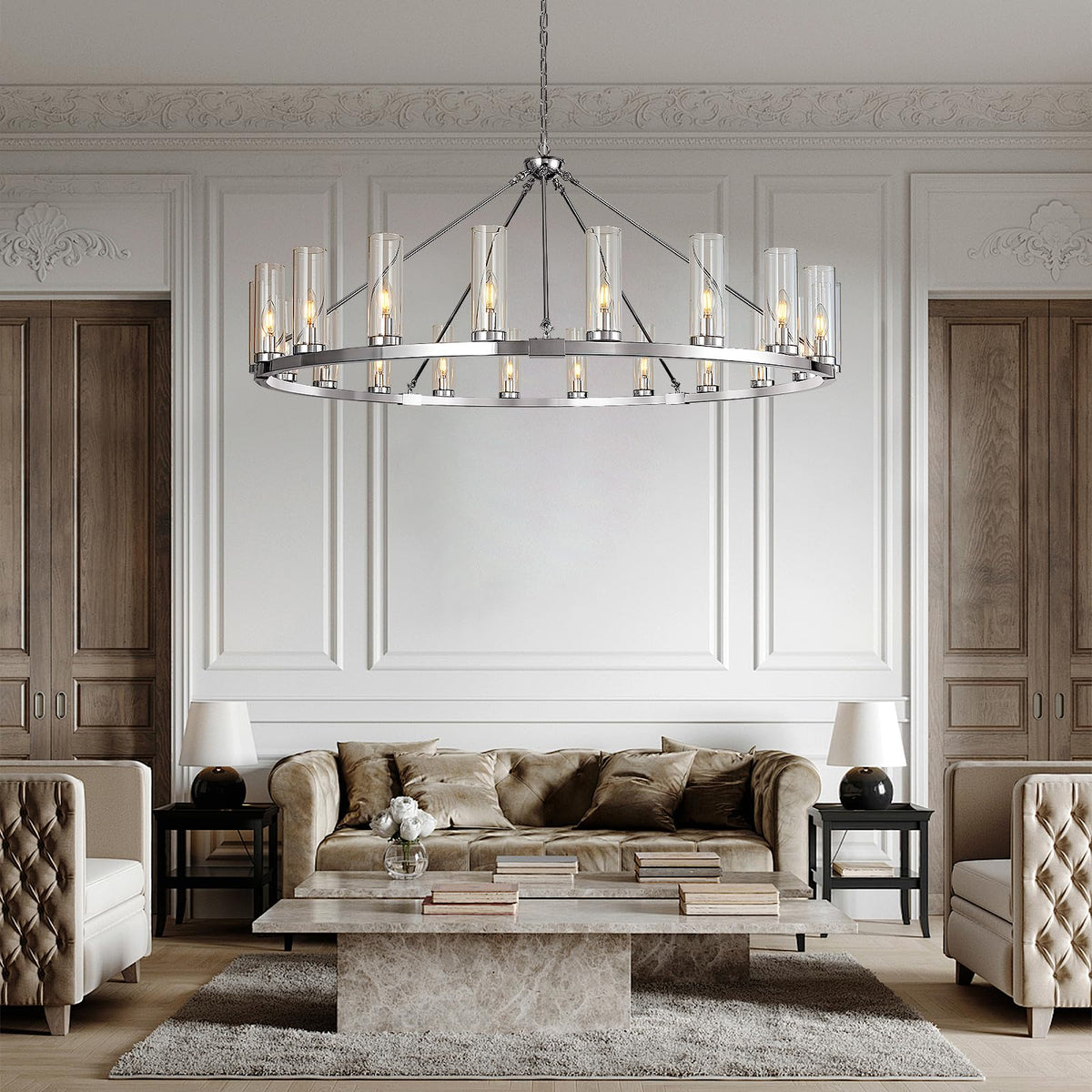 20 Light Large Wagon Wheel Chandelier with Clear Glass Shade Chrome Round Pendant Light Farmhouse Industrial Chandeliers Dining Room Light Fixture for Stair Living Room Foyer Kitchen (Chrome / 1 Tier-20 Lights)