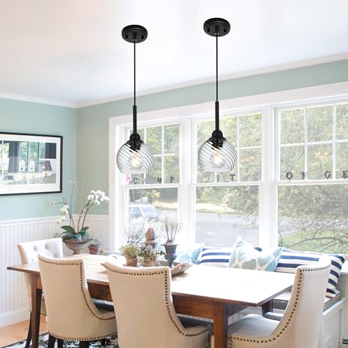 2 Pack Pendant Lights Kitchen Island with Clear Striped Swirl Globe Glass (Transparent / 1-Light-2 Packs)