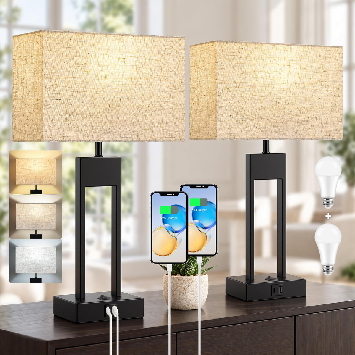 19" Nightstand Table Lamps for Bedroom Set of 2 (Black-19inch)