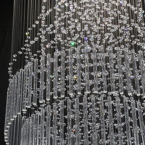 W32 x H100 Glam Chandelier with LED Bulbs Crystal Raindrop High Ceiling Pendant Light for Entrance Large Villa Chandelier Foyer Lighting Fixtures Silver (Silver / Round W32" X H100")