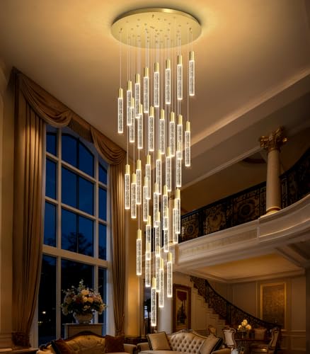 16 Foot Chandeliers for Living Room Entryway High Ceiling Light Fixtures Sloped Flush Mount Ceiling Pendant Lighting Dimmable Chandelier with Remote LED Crystal Pendants Lighting Gold Light (36 lights / Gold)