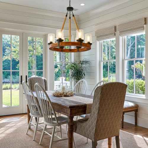 6 Light Round Wagon Wheel Chandelier Farmhouse Rustic Pendant Light Fixture with Seeded Glass Shades (Wood-600-6T-UP)