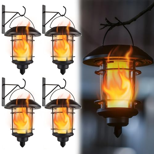 4 Pack Solar Flame Wall Lanterns Outdoor (Flickering Flame)