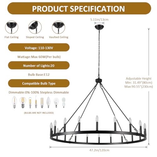 47.2 inches Black Wagon Wheel Chandelier (Black-20 lights)