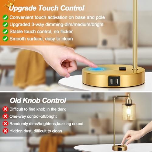 Set of 2 Industrial Touch Control Table Lamps with 2 USB Ports and AC Outlet (Gold(2 pack) - Amber Glass - Touch Control)