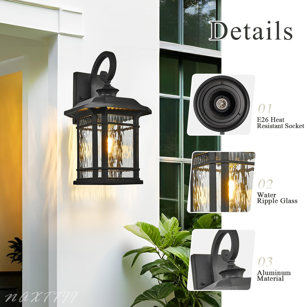 Outdoor Wall Lights Garage Outdoor Light Fixtures Waterproof Porch Light with Water Ripple Glass Black Finish E26 Socket Max 60W (Black / 12.6 inches)