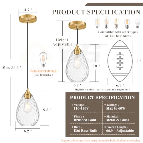 Gold Glass Pendant Lights Kitchen Island 6.3" Pendant Light Hammered Clear Glass 2 Pack Height Adjustable Modern Hanging Pendant Lights for Dining Room Bedroom Hallway Sink Bulbs Incl (Gold, 2 PK / 6.3 Inch)