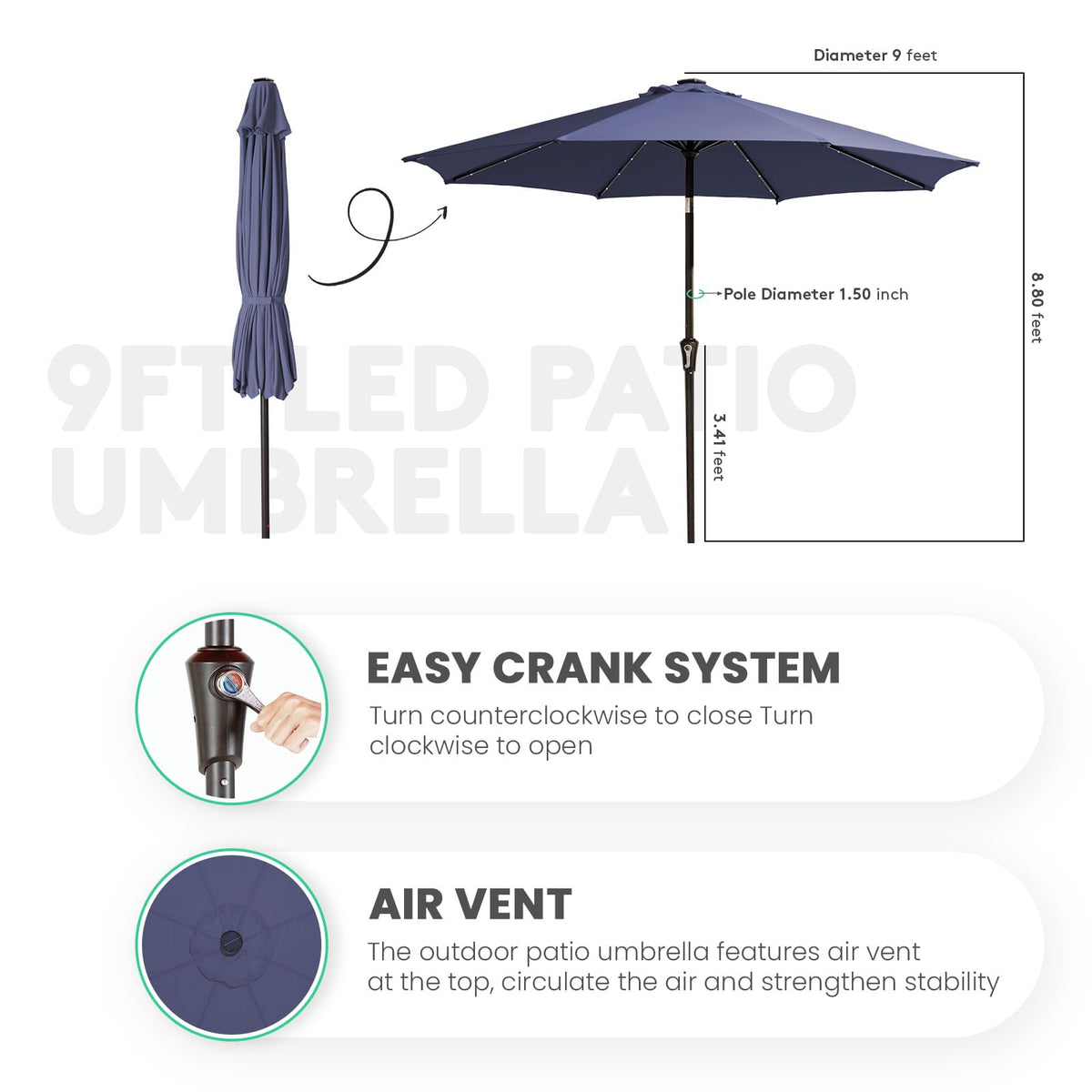 9' Patio Umbrella with Solar Lights (9 ft / Dark Blue)