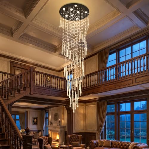 D24'' x H78'' Modern Crystal Chandelier High Ceiling Chandeliers for Entryway Glam Chandelier Large Raindrop Chandeliers LED Dimmable Light Fixtures for Staircaes Foyer Hallway Living Room Black (D24" x H78" Black)
