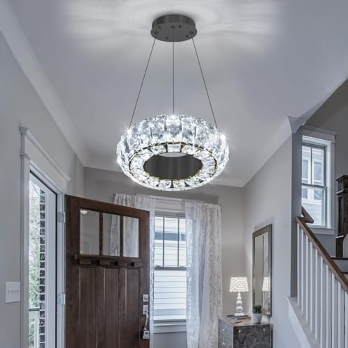 8" Ring Modern LED Dimmable Crystal Chandelier Adjustable Height Pendant Light Round Crystal Chandelier Light Fixtures for Dining Room Living Room Kitchen Island Black (Black / 1 Ring Round 8")