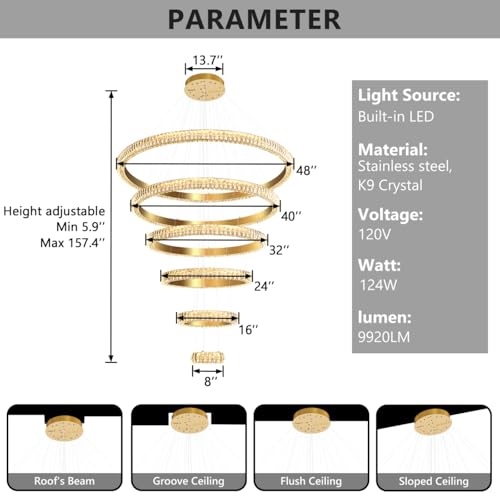 47" 6 Ring Crystal Chandelier Modern LED Dimmable Ring Pendant Light Chandelier for Dining Room Living Room Gold (Gold / 6 Ring Round 47")