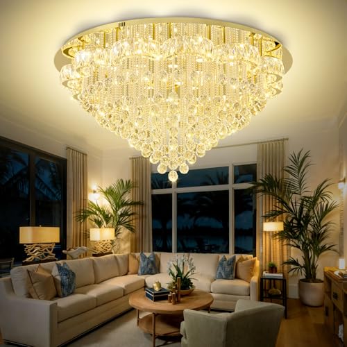 48inches Gold Crystal Chanderliers for Living Room Entryway Modern Crystal Folwer Ceiling Light for Foyer Interior LED Dimmable Lighting 2700k 4500k 6000k (Gold / 48inch)