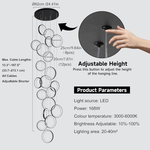 Modern 20 Ring Black LED Chandelier for High Ceilings (Black/20-Lights(circle,dimmable))