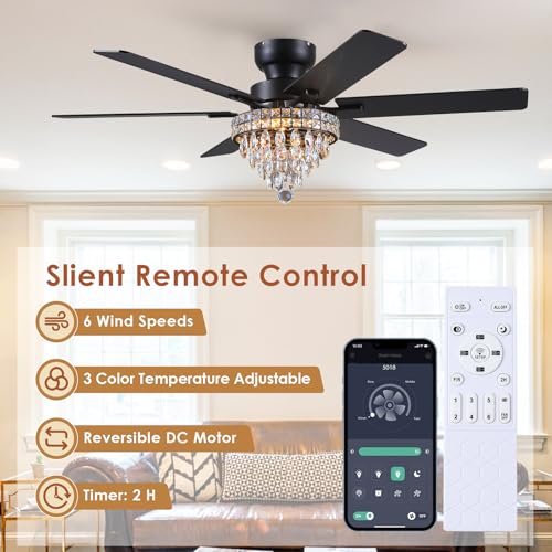 52" Low Profile Crystal Ceiling Fans with LED Lights and Remote (Black-52IN-5018)