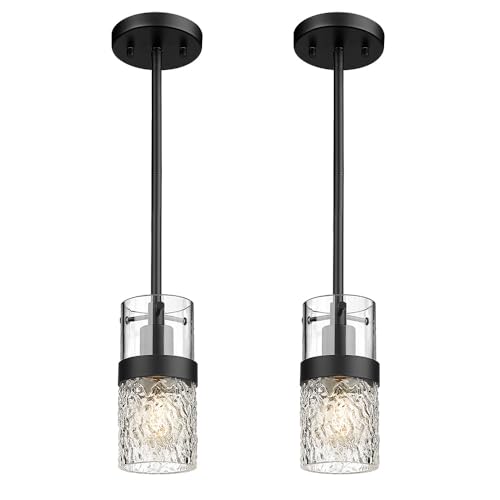Glass Pendant Lights Kitchen Island 2 (Black -Hammered Glass / 3.5" Hammered Glass, 2-Pack)