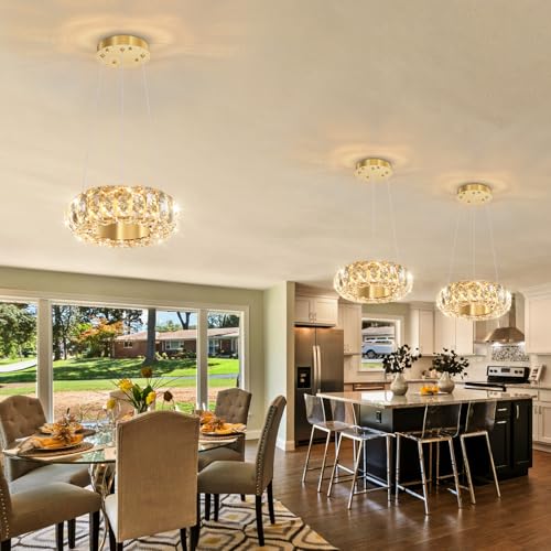 8" Ring Modern LED Dimmable Crystal Chandelier Adjustable Height Pendant Light Round Crystal Chandelier Light Fixtures for Dining Room Living Room Kitchen Island Gold (Gold / 1 Ring Round 8")