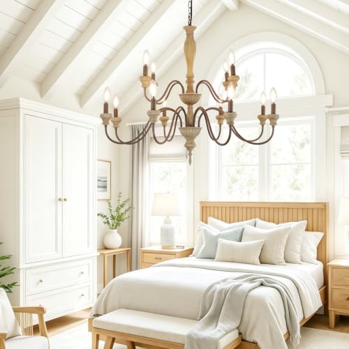 12 Light Large Farmhouse French Country Chandelier for Dining Room (Distressed Wood)