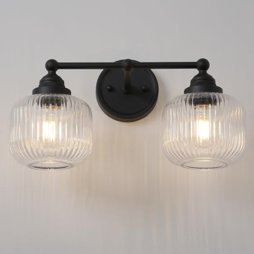 Vintage 2 Lights Clear Ribbed Glass Wall Sconce Lighting (Black)